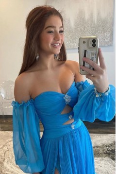 A-Line Chiffon Pleated Long Prom Dresses with Sleeves 801004