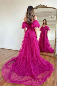 A-Line Long Pink Tulle Off the Shoulder Prom Dresses 801005