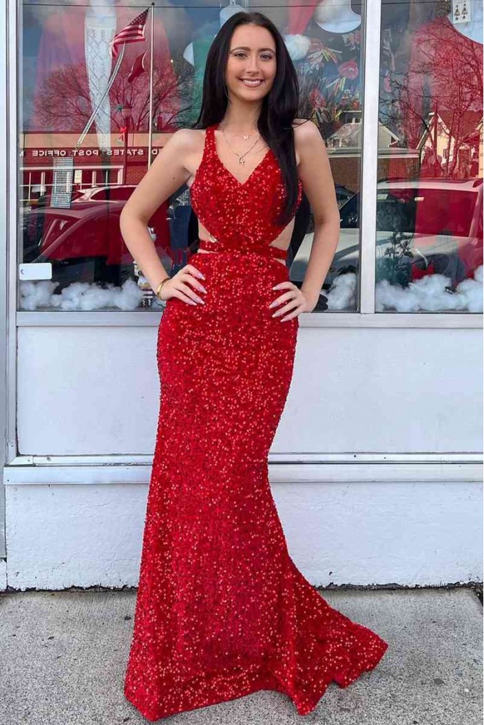 Long Red V Neck Mermaid Sequins Prom Dresses 801008