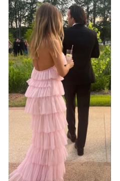 Long Blue Sleeveless Tulle Prom Dresses with Slit 801014