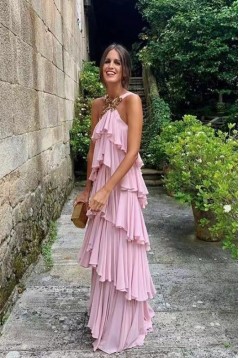Long Pink Chiffon Tiered Floor Length Prom Dresses 801017