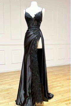 Long Black Spaghetti Straps Lace Prom Dresses with Slit 801022