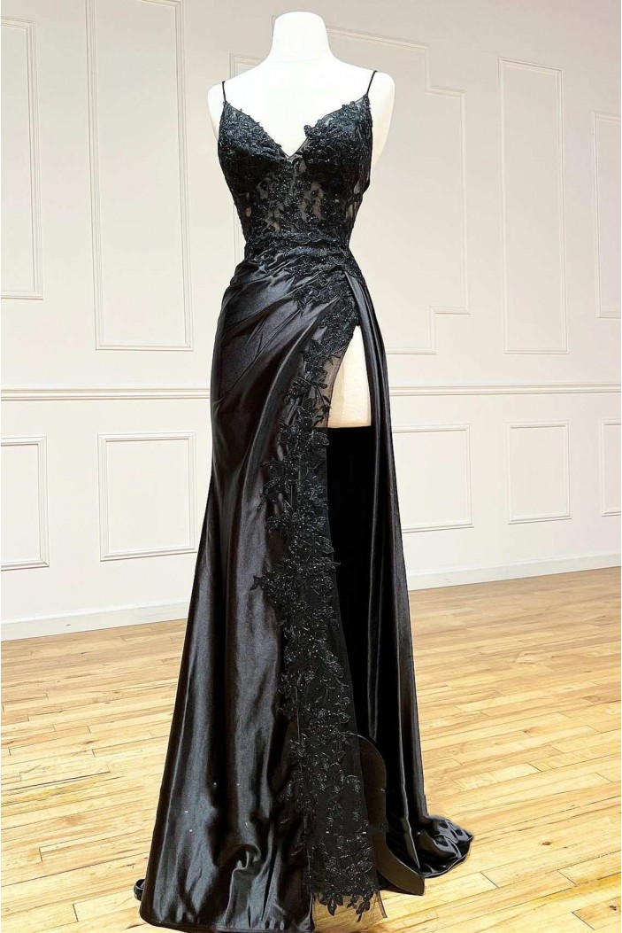 Long Black Spaghetti Straps Lace Prom Dresses with Slit 801022