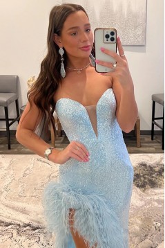 Light Blue Sequins Sweetheart Long Prom Dresses with Feathers 801024