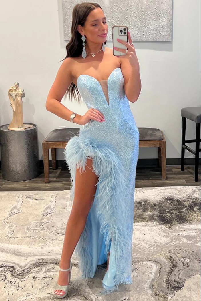 Light Blue Sequins Sweetheart Long Prom Dresses with Feathers 801024