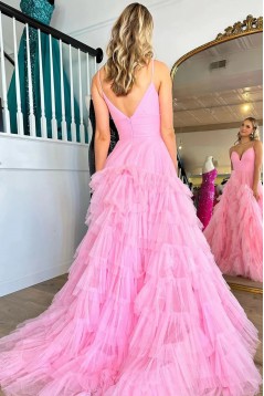 A-Line Spaghetti Straps Tiered V Neck Long Prom Dresses 801025
