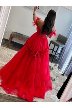 A-Line Long Red Lace and Tulle Off the Shoulder Prom Dresses 801029