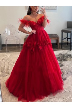 A-Line Long Red Lace and Tulle Off the Shoulder Prom Dresses 801029