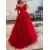 A-Line Long Red Lace and Tulle Off the Shoulder Prom Dresses 801029