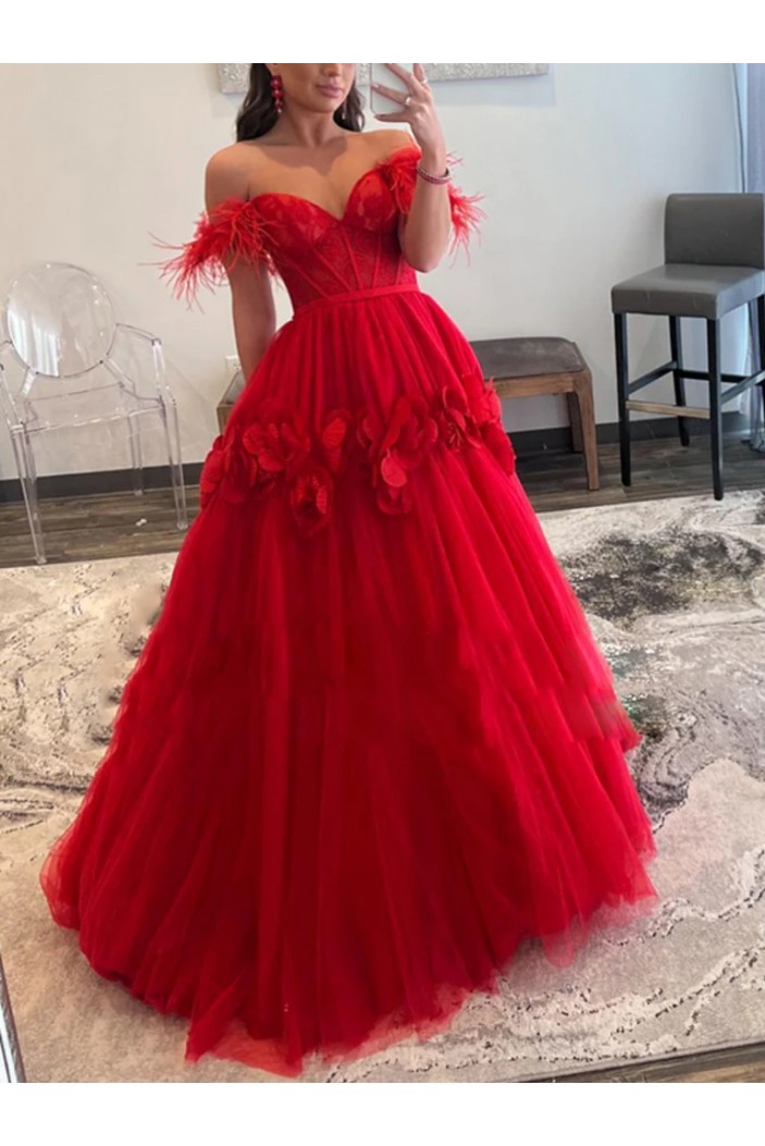 A-Line Long Red Lace and Tulle Off the Shoulder Prom Dresses 801029