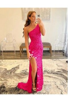 Long Black One Shoulder Sequin Prom Dresses 801030