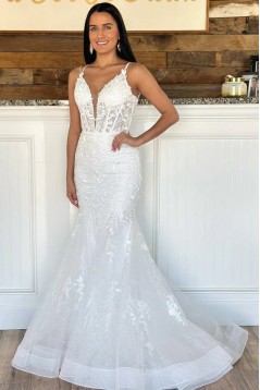 Long Spaghetti Straps Mermaid Sweetheart Lace Prom Dresses 801037