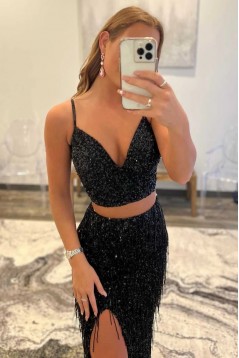Long Black Two Pieces Sequins Prom Dresses 801040