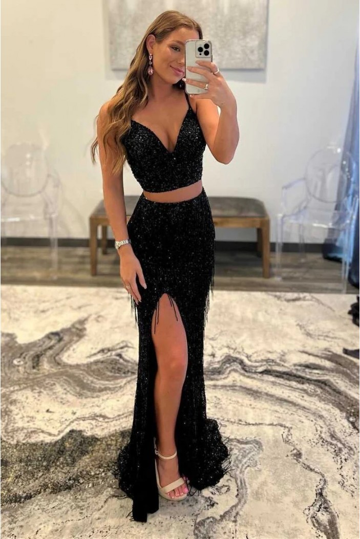 Long Black Two Pieces Sequins Prom Dresses 801040