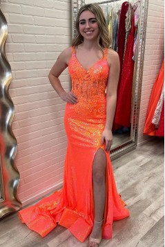 Long Mermaid Orange Sequins Lace Prom Dresses 801042