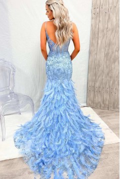 Long Blue Mermaid Lace Prom Dresses 801043