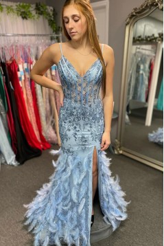 Long Blue Mermaid Lace Prom Dresses 801043
