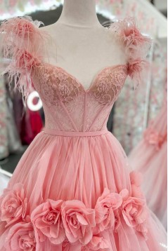 A-Line Long Pink Lace and Tulle Prom Dresses 801044