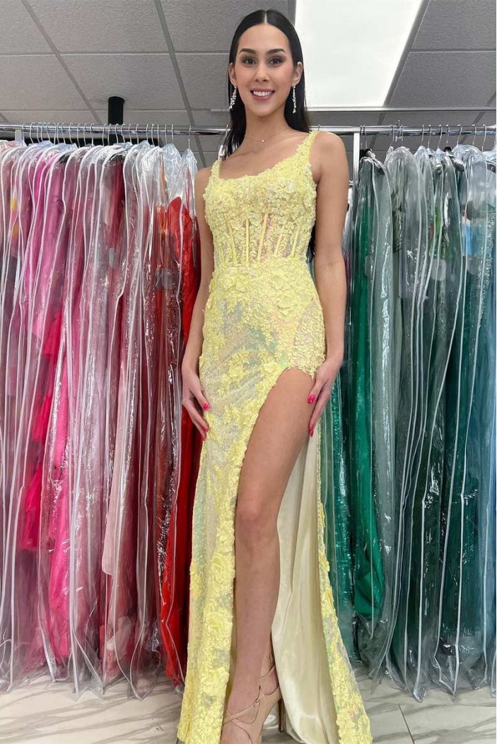 Long Yellow Sequins Prom Dresses with Lace Appliques 801045
