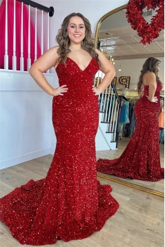 Long Red Mermaid Sequins Prom Dresses 801046