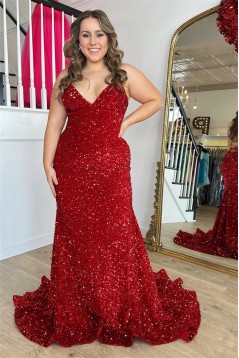 Long Red Mermaid Sequins Prom Dresses 801046