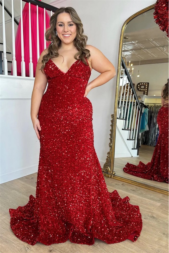 Long Red Mermaid Sequins Prom Dresses 801046