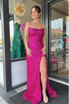 Long Fuchsia Sequins Prom Dresses 801048