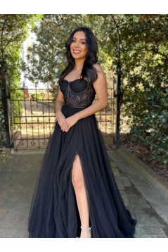 Long Black Lace and Tulle Prom Dresses 801051