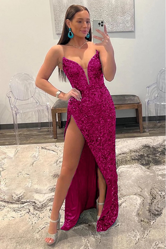 Long Sequins Prom Dresses with High Slit 801052