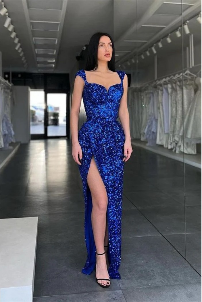 Long Royal Blue Mermaid Sequins Prom Dresses 801059