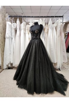 Long Black Beaded Lace and Tulle Prom Dresses 801062
