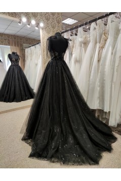 Long Black Beaded Lace and Tulle Prom Dresses 801062