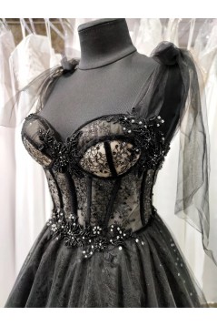Long Black Beaded Lace and Tulle Prom Dresses 801062