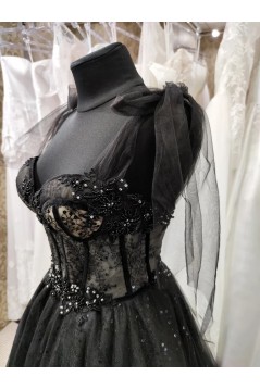 Long Black Beaded Lace and Tulle Prom Dresses 801062