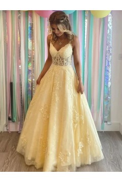 A-Line Long Yellow Lace Prom Dresses 801071