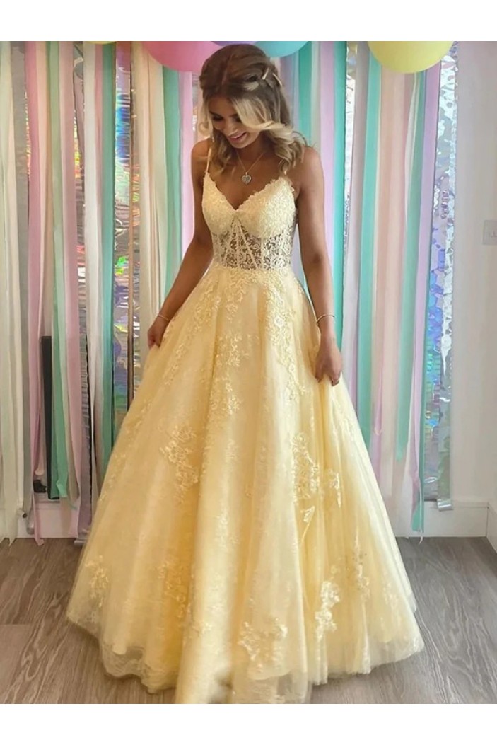 A-Line Long Yellow Lace Prom Dresses 801071