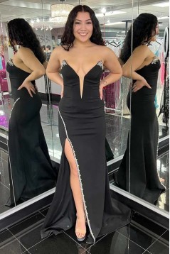 Long Black Beaded Prom Dresses with Slit 801075