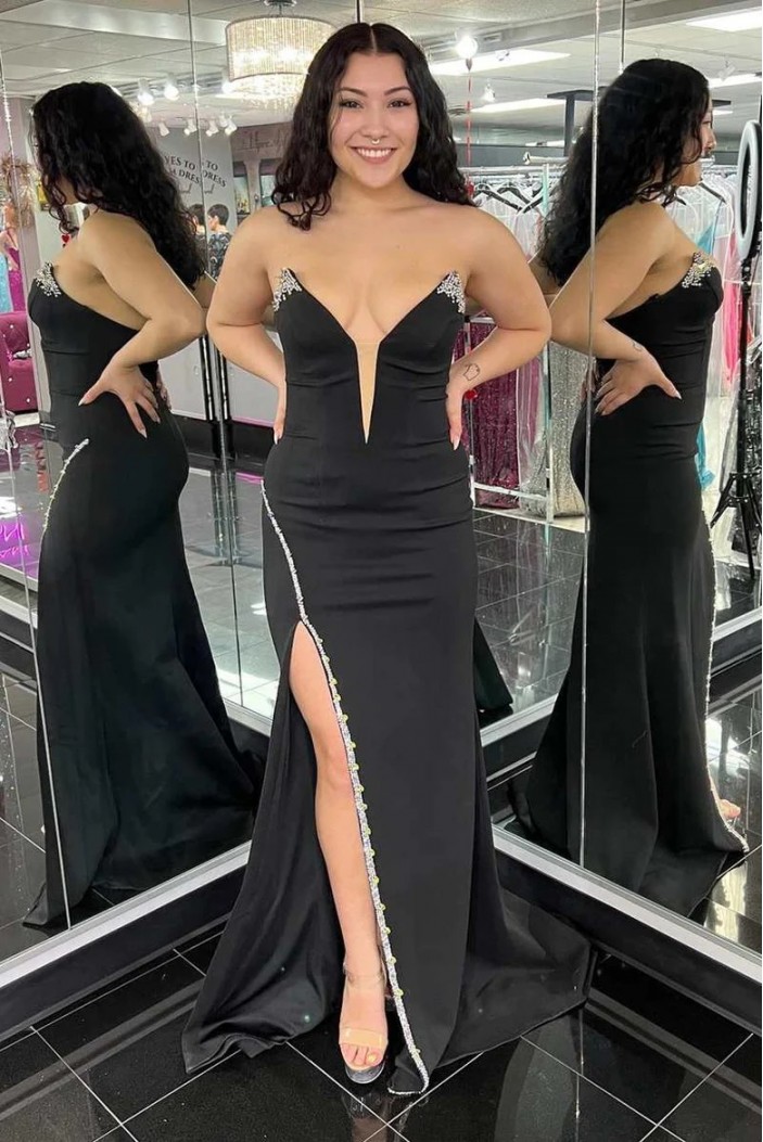 Long Black Beaded Prom Dresses with Slit 801075