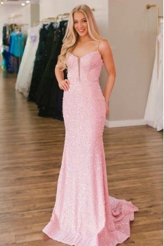 Long Pink Spaghetti Straps Mermaid Sequin Prom Dresses 801077