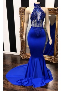 Long Royal Blue Beaded Lace Mermaid Prom Dresses 801080