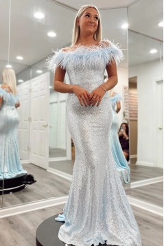 Light Blue Mermaid Off the Shoulder Sequin Prom Dresses 801085