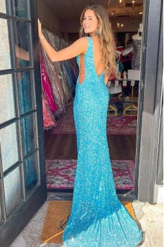 Long Blue Mermaid V Neck Sequin Prom Dresses 801086