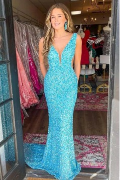 Long Blue Mermaid V Neck Sequin Prom Dresses 801086