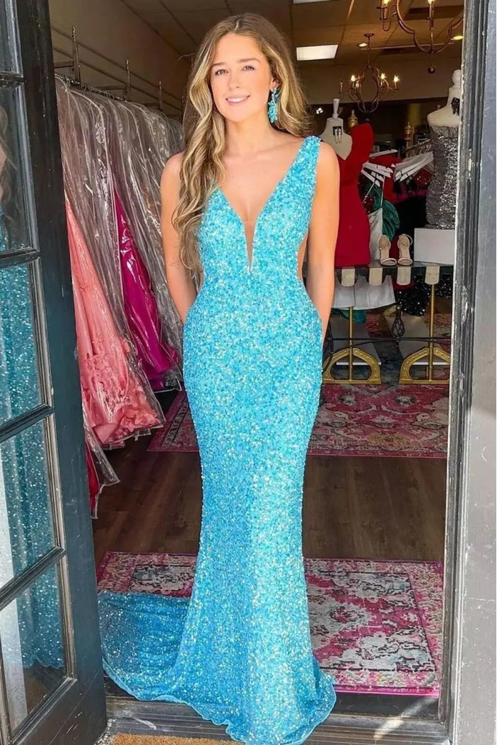Long Blue Mermaid V Neck Sequin Prom Dresses 801086