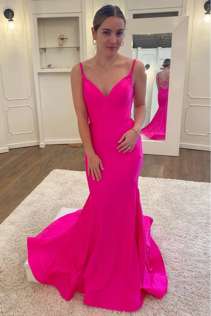 Long Fuchsia Mermaid Spaghetti Straps Prom Dresses 801091