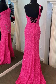 Long Black One Shoulder Sequins Prom Dresses 801096