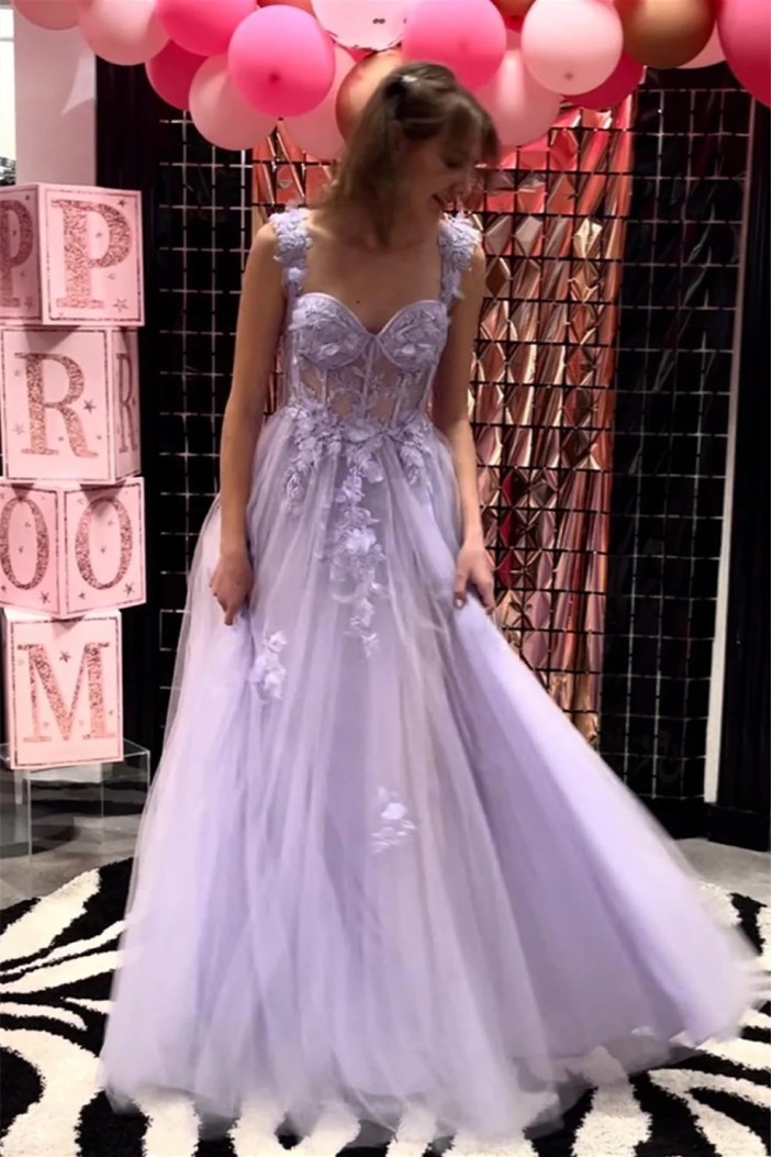 A-Line Lace and Tulle Long Prom Dresses 801098