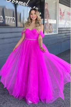 A-Line Fuchsia Tulle Off the Shoulder Long Prom Dresses 801100