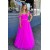 A-Line Fuchsia Tulle Off the Shoulder Long Prom Dresses 801100
