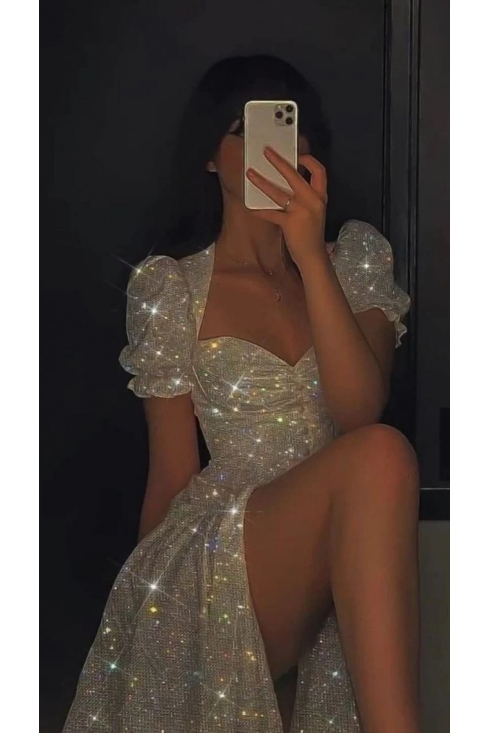 Sparkle Short Sleeves Prom Dresses with Slit 801108